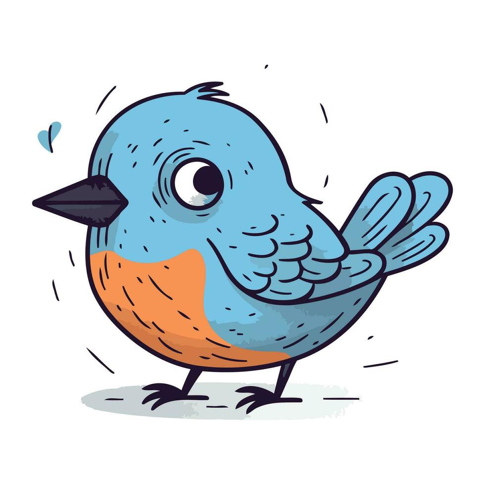 Cute cartoon blue bird. Vector illustration isolated on white background.