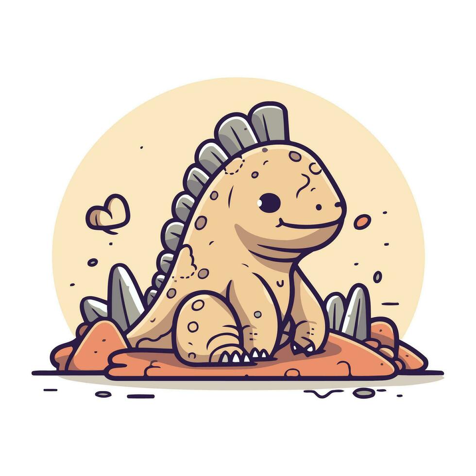 Cute cartoon dinosaur sitting on the rock. Vector illustration in cartoon style.