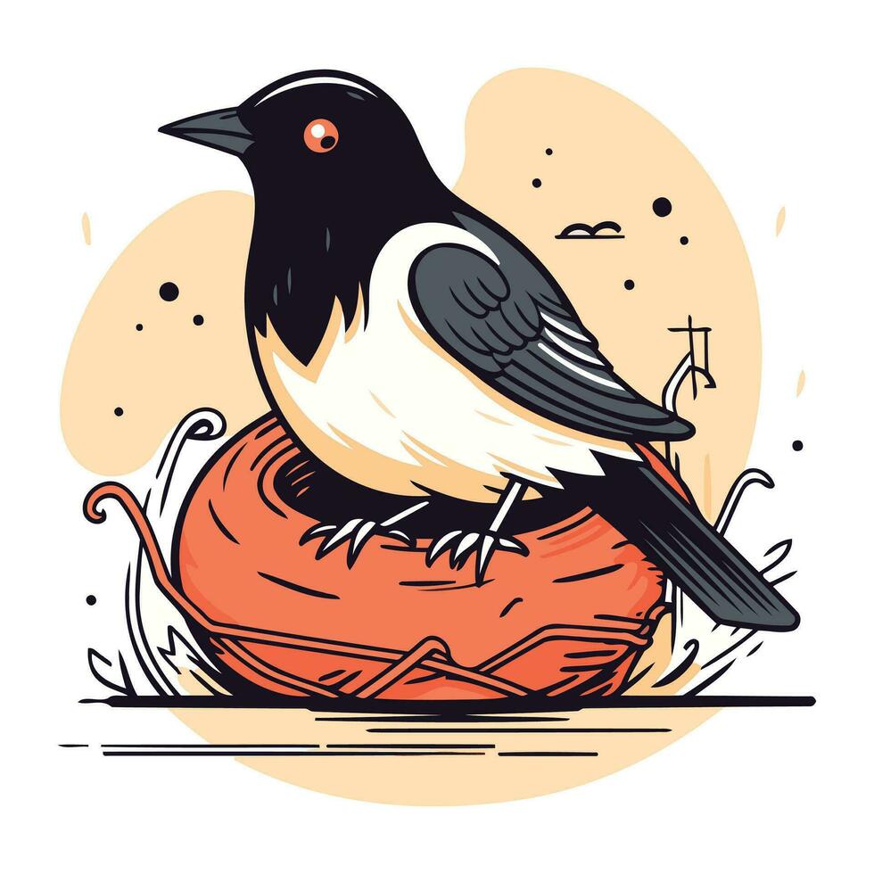 Vector illustration of a magpie bird sitting on an orange basket.