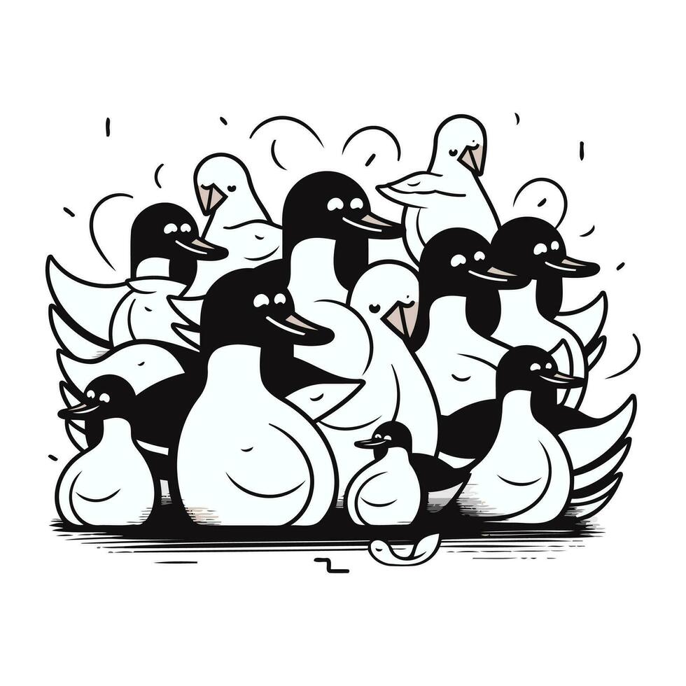 Black and white vector illustration of a group of ducks with ducklings