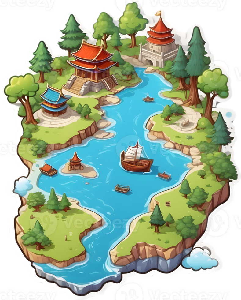 cartoon island with houses and trees ai generative png