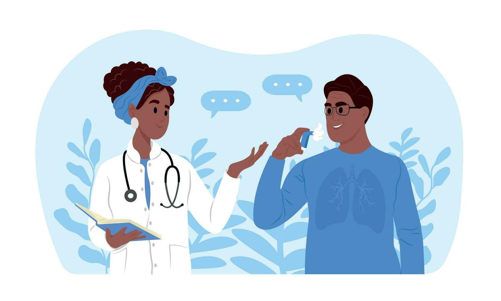 Allergy, asthmatic. World Asthma Day. A doctor tells his patient how to use an inhaler during asthma attack. Inhalation drug. Bronchial asthma. vector