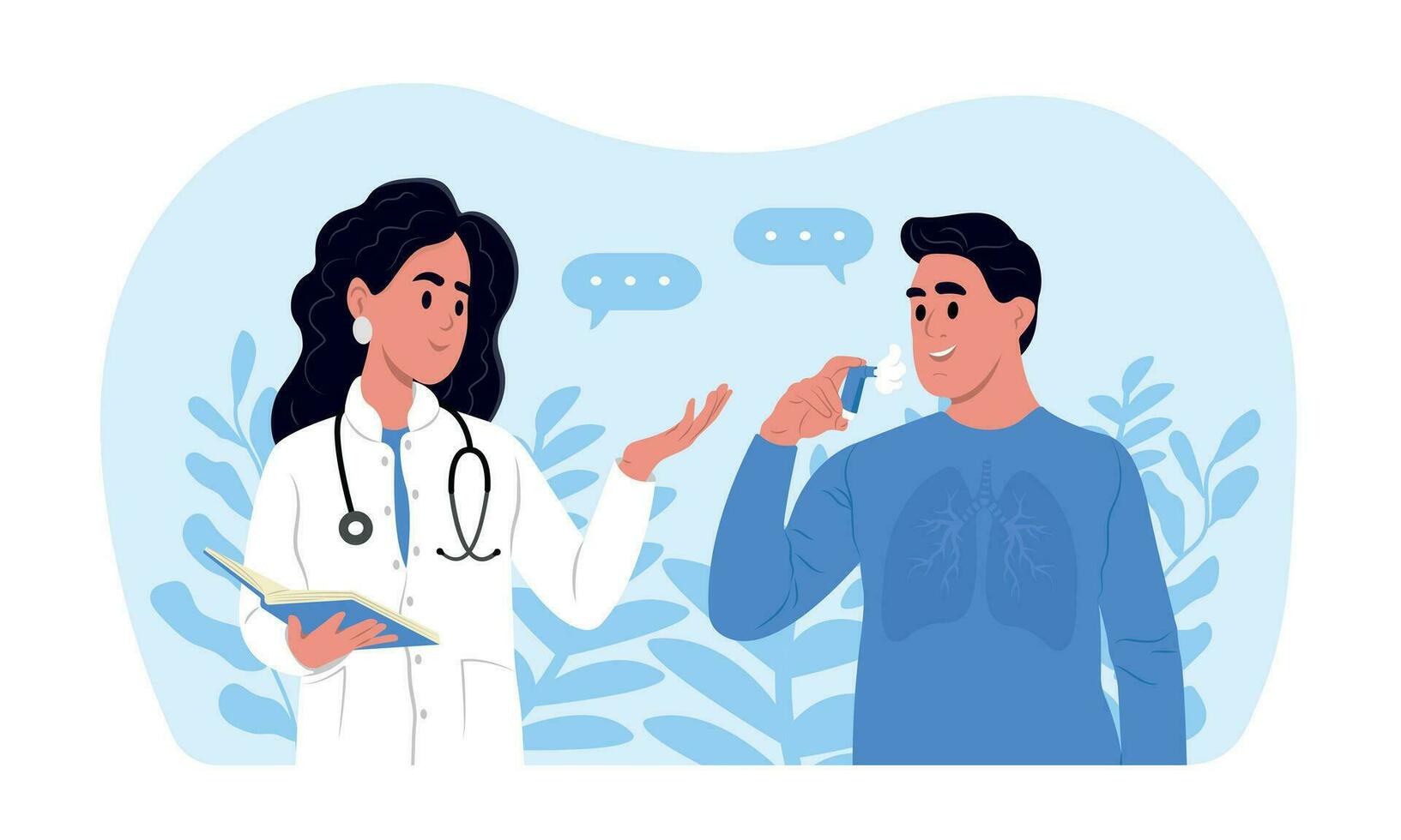 A doctor tells his patient how to use an inhaler during asthma attack. World Asthma Day. Allergy, asthmatic. Inhalation drug. Bronchial asthma. vector