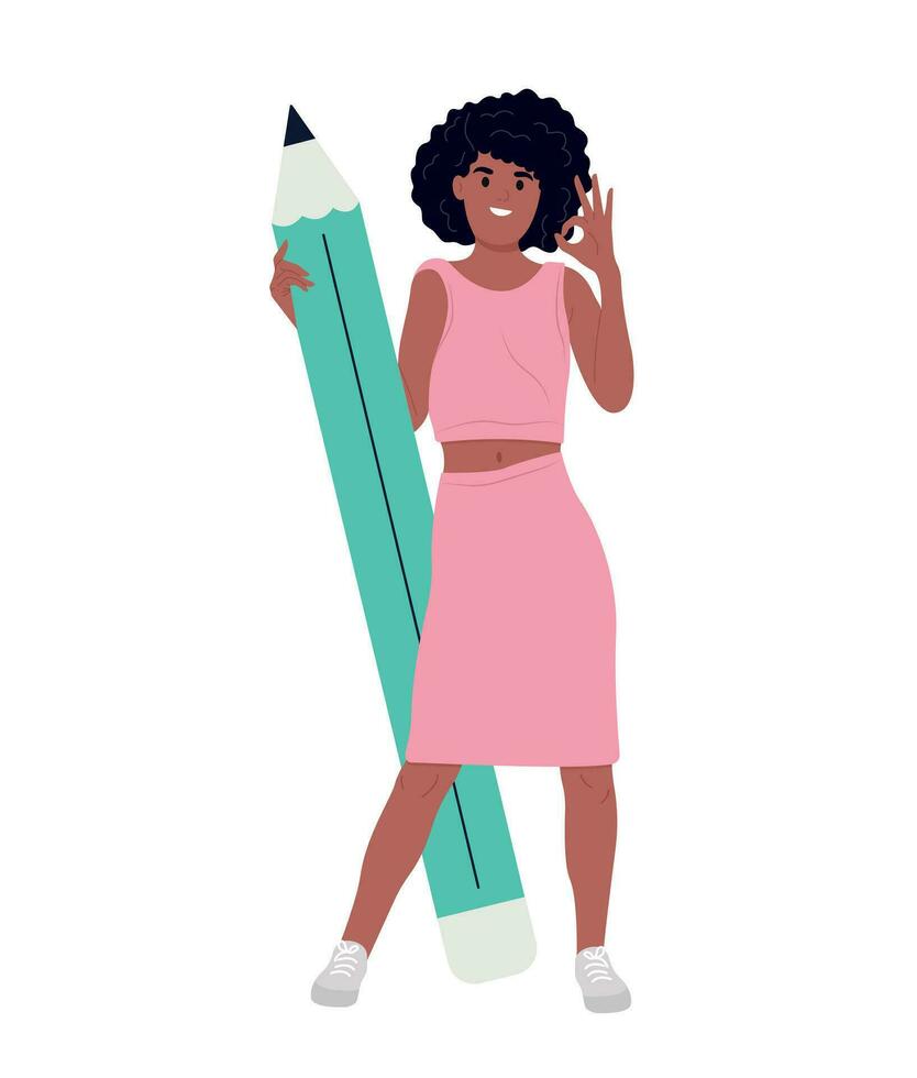 Black girl holding big pencil showing OK gesture. A person who makes notes, sketches. vector