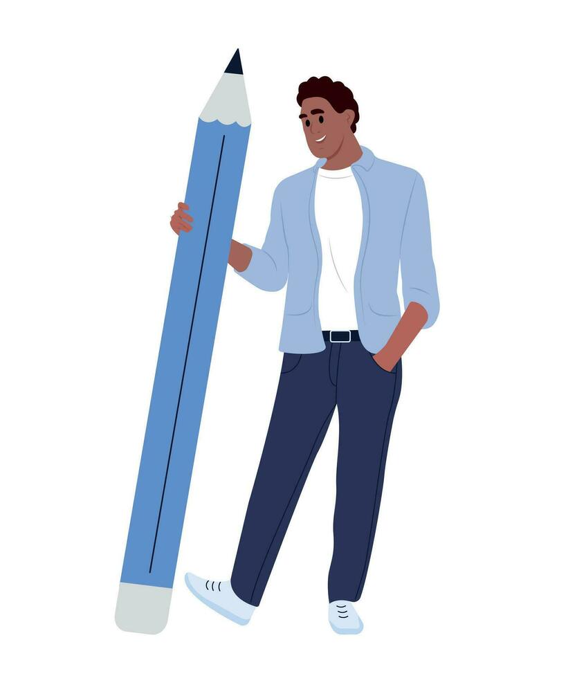 Black man holding big pencil showing OK gesture. A person who makes notes, sketches. vector