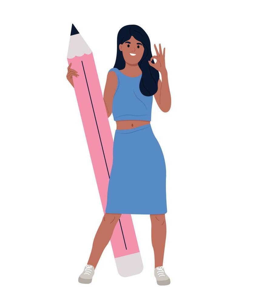 Person holding big pencil showing OK gesture. A person who makes notes, sketches. vector