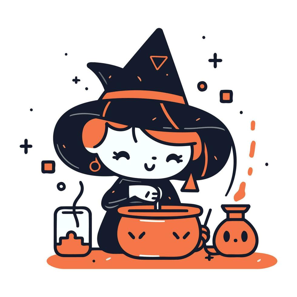 Cute little girl in witch costume with pumpkin. Vector illustration.