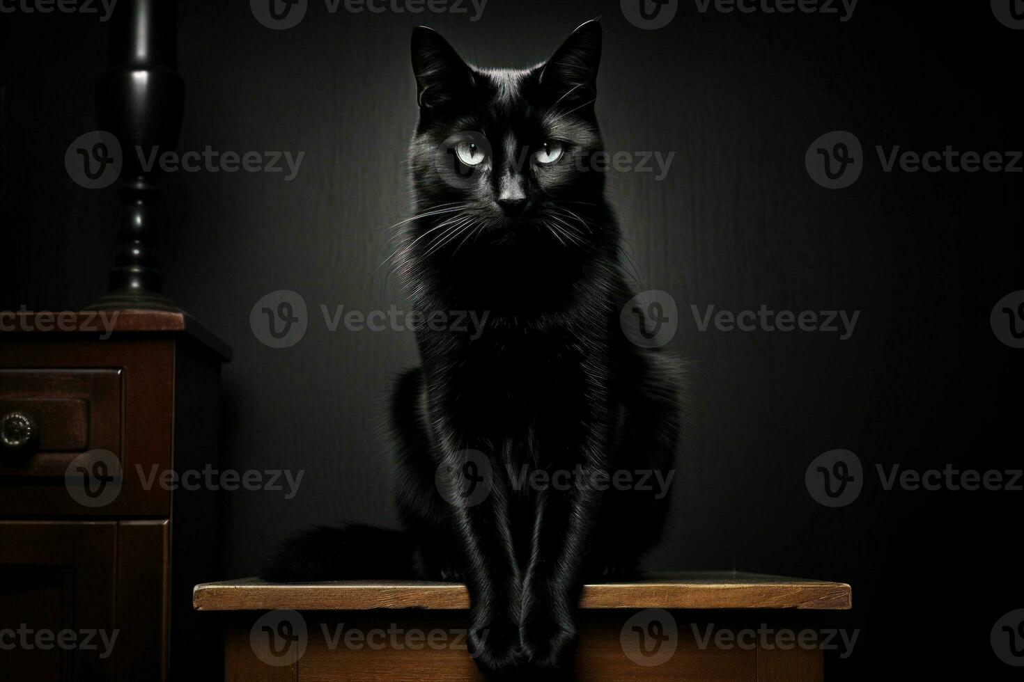 A Black Cat Sitting on a Wooden Table AI Generated photo
