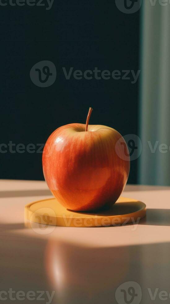 red apple sitting on a yellow plate AI Generated photo