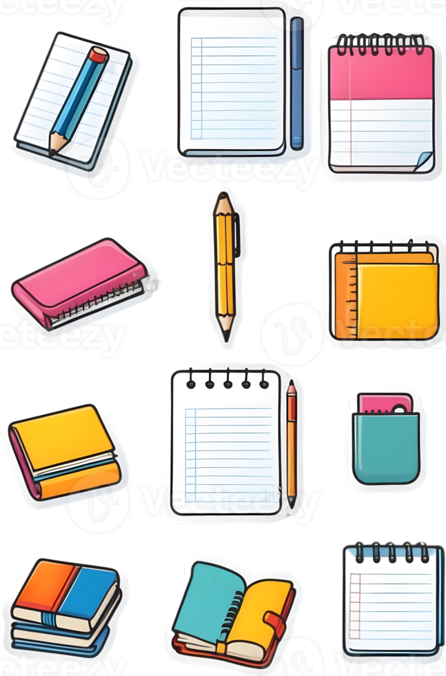 school supplies icon set, school supplies, school supplies icon set, school supplies icon set, school ai generative notepad pencil png