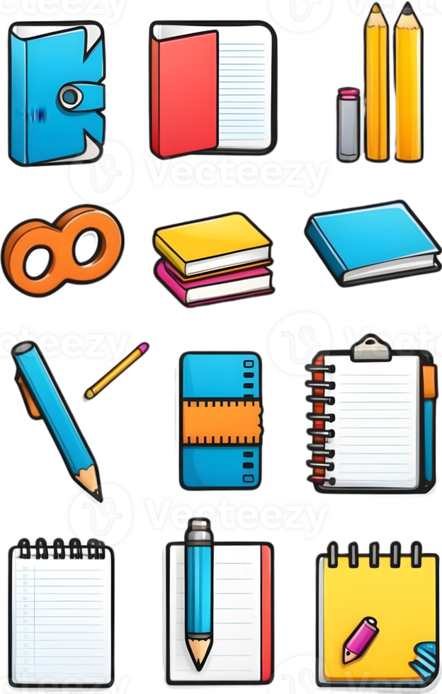school supplies icon set, school supplies, school supplies icon set, school supplies icon set, school ai generative notepad pencil png