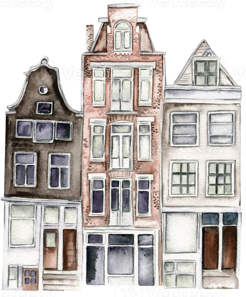 illustratie van een oud gebouw Europa huizen. Amsterdam oud straat visie met verschillend huizen en gevels. png