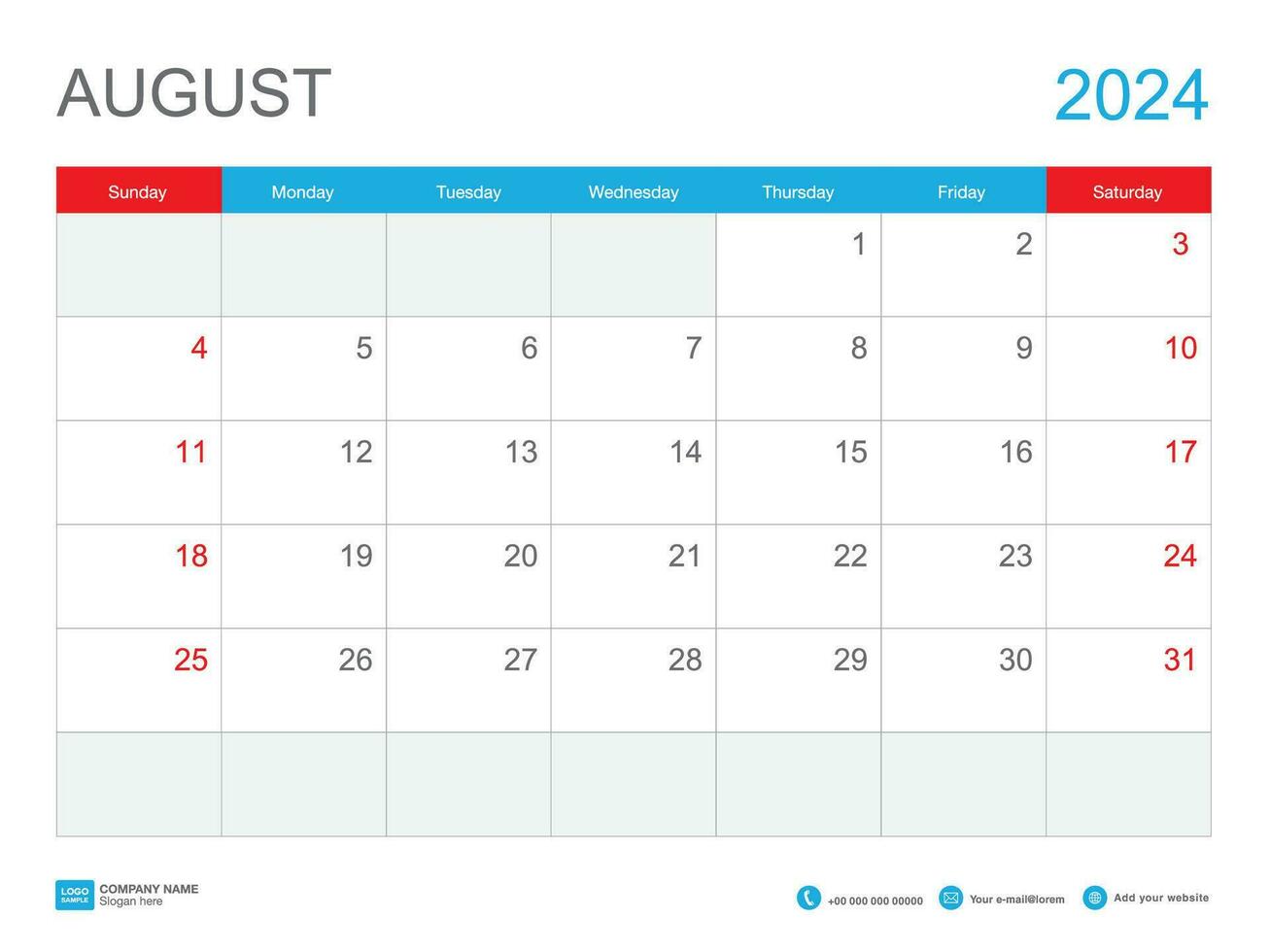 August 2024 template-Calendar 2024 design , Desk Calendar 2024 template, Planner simple, Week starts Sunday, Stationery, Wall calendar, printing, advertisement, vector illustration