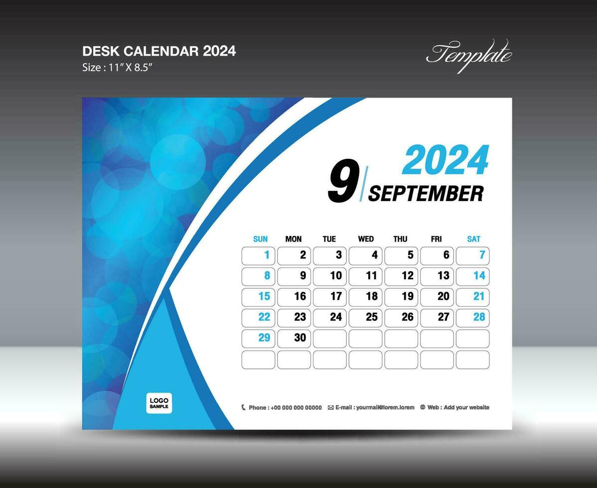 septiembre 2024 plantilla- escritorio calendario 2024 año plantilla, pared calendario 2024 año, semana empieza domingo, planificador diseño, papelería diseño, volantes diseño, impresión medios de comunicación, azul curva fondo vector