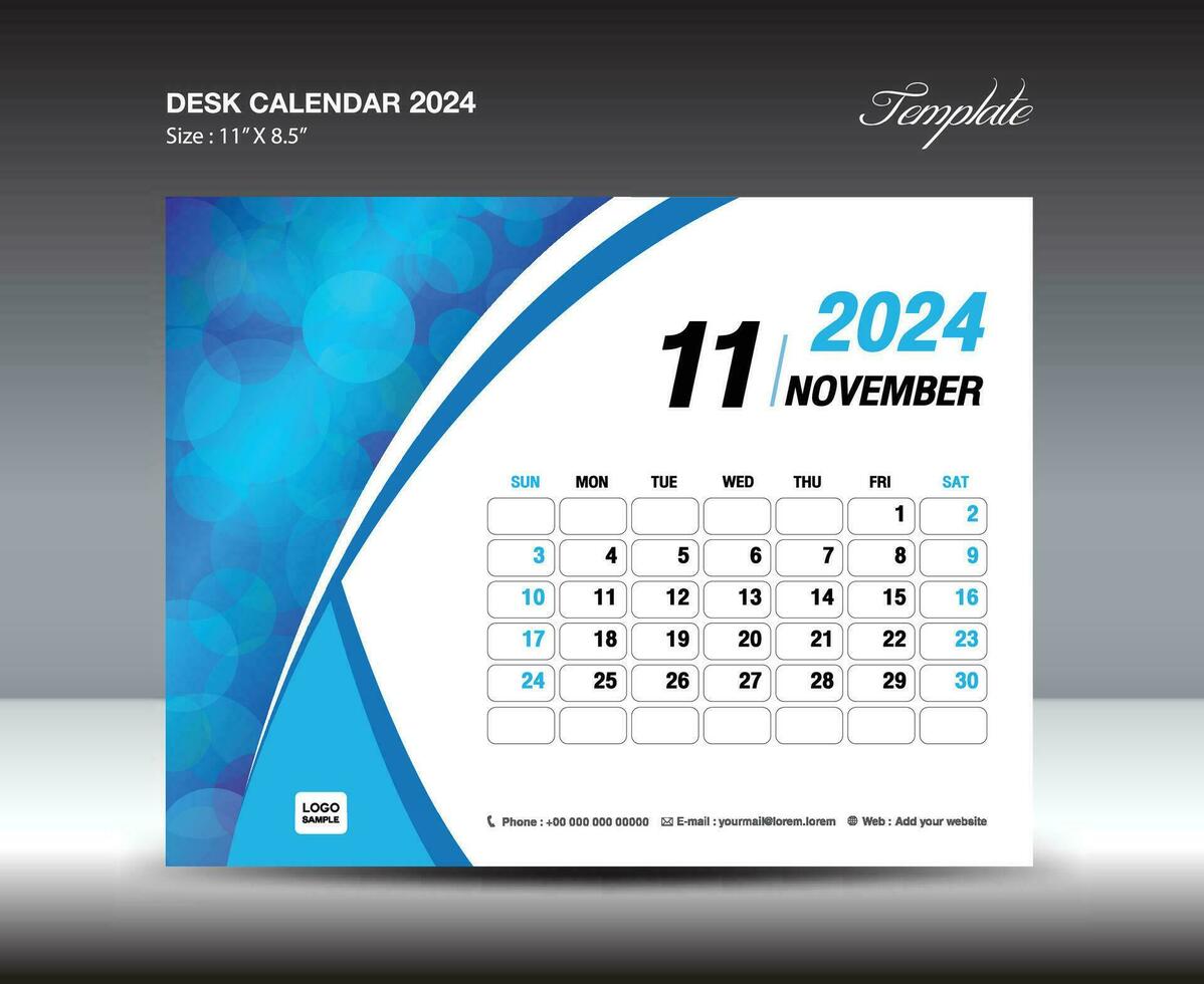 noviembre 2024 plantilla- escritorio calendario 2024 año plantilla, pared calendario 2024 año, semana empieza domingo, planificador diseño, papelería diseño, volantes diseño, impresión medios de comunicación, azul curva fondo vector