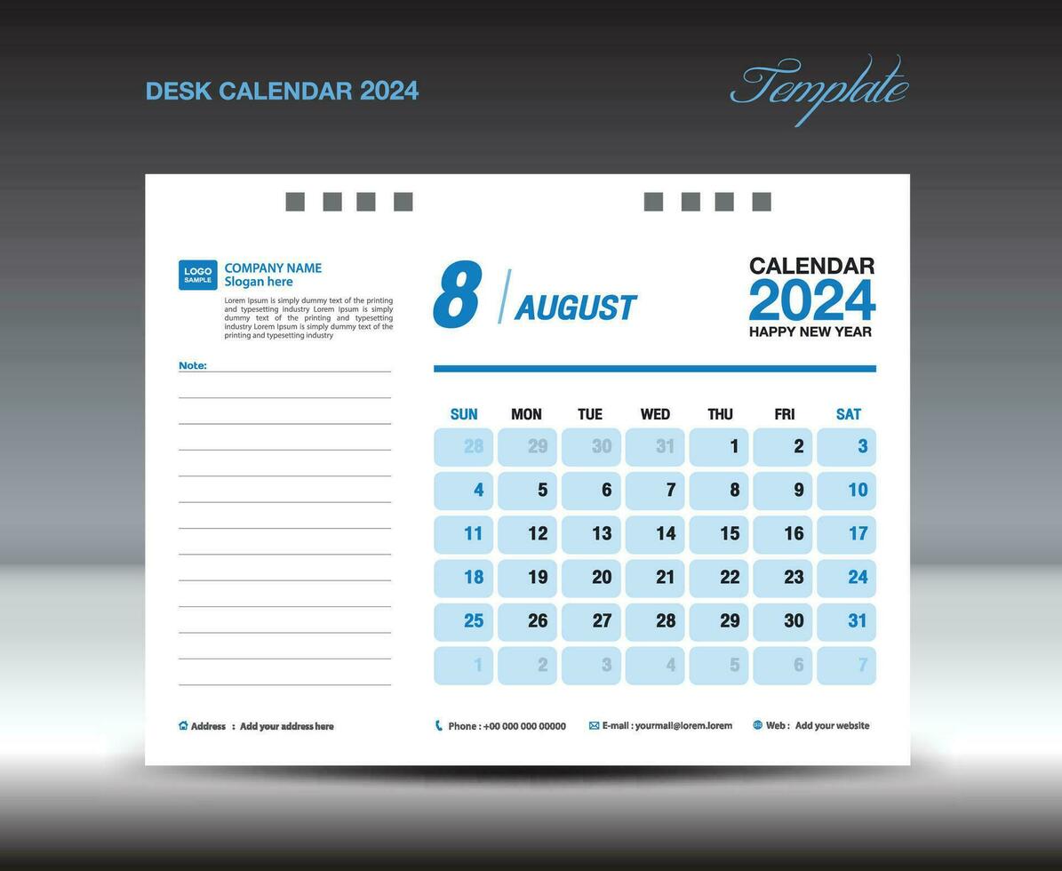 escritorio calandrar 2024 diseño, agosto 2024 plantilla, calendario 2024 plantilla, planificador, simple, pared calendario diseño, semana empieza en domingo, impresión, publicidad, azul fondo, vector