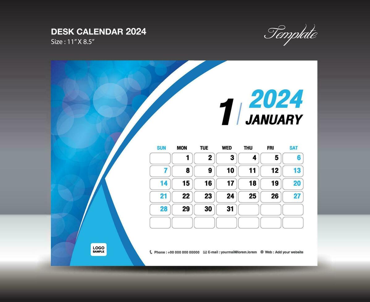 enero 2024 plantilla- escritorio calendario 2024 año plantilla, pared calendario 2024 año, semana empieza domingo, planificador diseño, papelería diseño, volantes diseño, impresión medios de comunicación, azul curva fondo vector