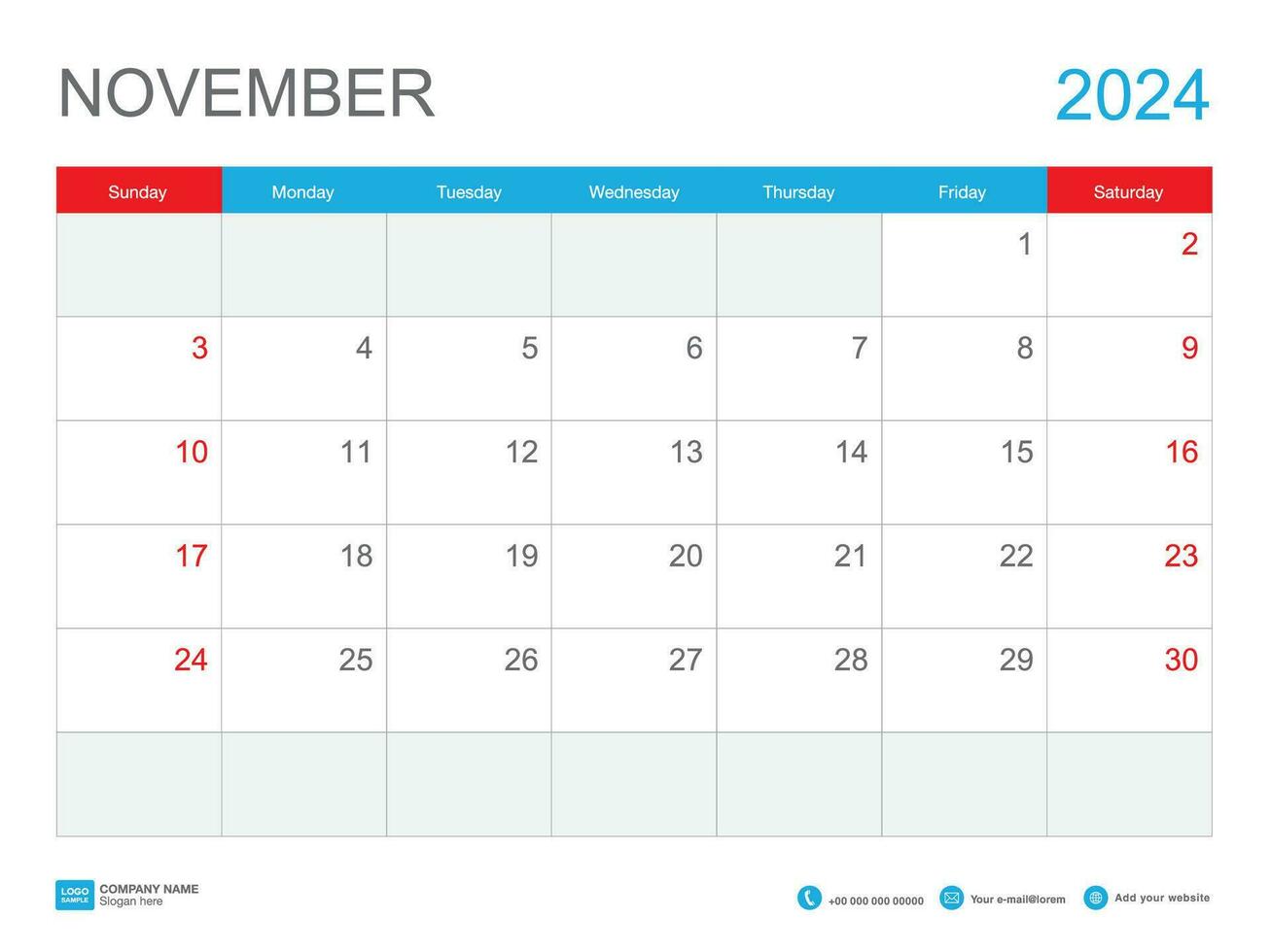 noviembre 2024 calendario-plantilla 2024 diseño , escritorio calendario 2024 plantilla, planificador simple, semana empieza domingo, papelería, pared calendario, impresión, anuncio publicitario, vector ilustración