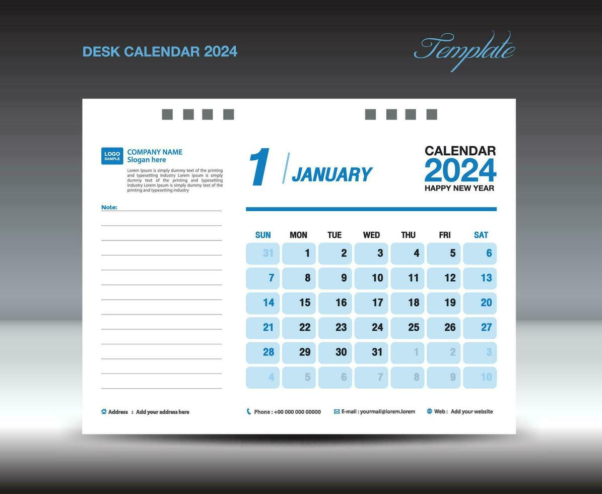 Desk calender 2024 design, January 2024 template, Calendar 2024 template, planner, simple, Wall calendar design, week starts on sunday, printing, advertiement, blue background, vector