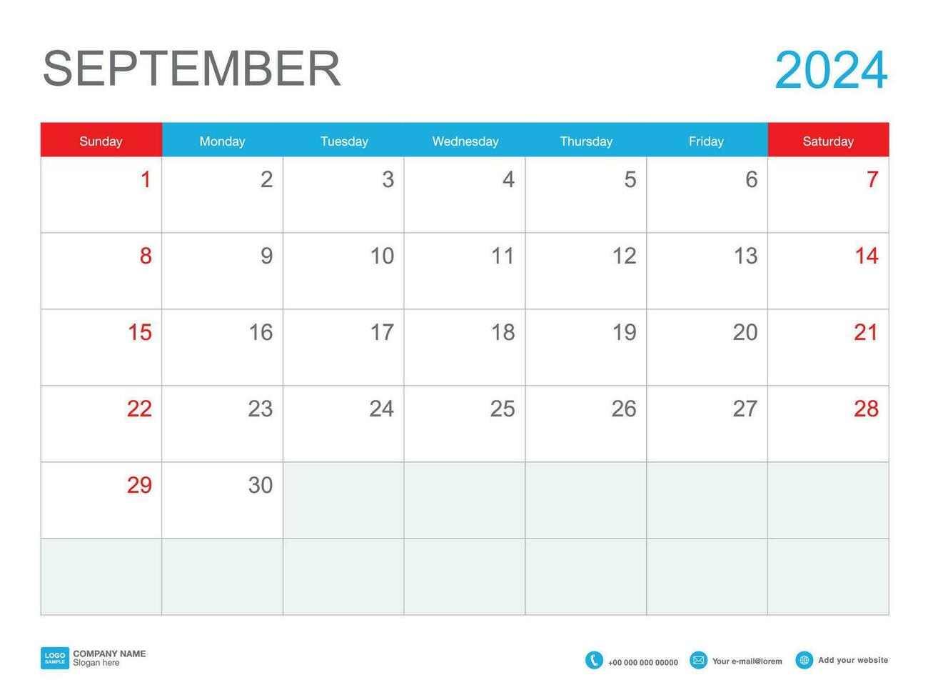 September 2024 template-Calendar 2024 design , Desk Calendar 2024 template, Planner simple, Week starts Sunday, Stationery, Wall calendar, printing, advertisement, vector illustration