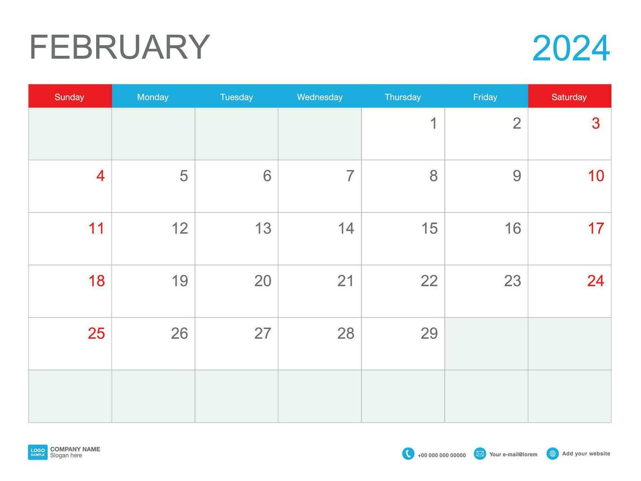 February 2024 template-Calendar 2024 design , Desk Calendar 2024 template, Planner simple, Week starts Sunday, Stationery, Wall calendar, printing, advertisement, vector illustration