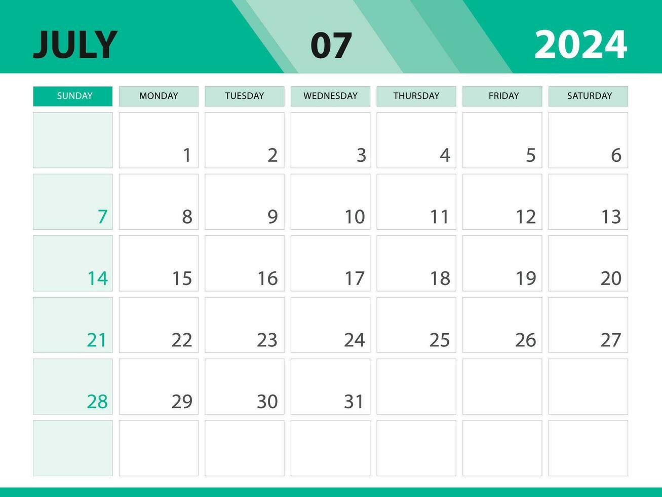 July 2024 template, Calendar 2024 template vector, planner monthly design, Desk calendar 2024, Wall calendar design, Minimal style, advertisement, poster, printing media, green background concept vector