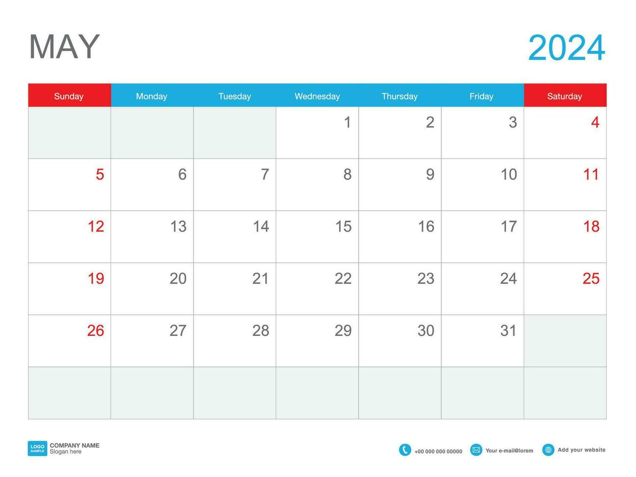 May 2024 template-Calendar 2024 design , Desk Calendar 2024 template, Planner simple, Week starts Sunday, Stationery, Wall calendar, printing, advertisement, vector illustration