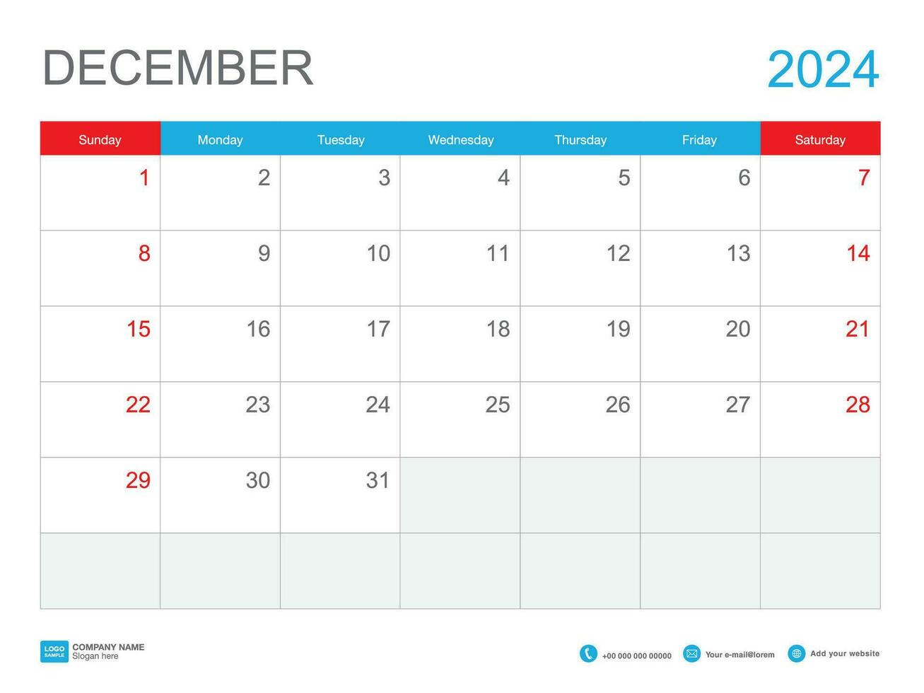 December 2024 template-Calendar 2024 design , Desk Calendar 2024 template, Planner simple, Week starts Sunday, Stationery, Wall calendar, printing, advertisement, vector illustration