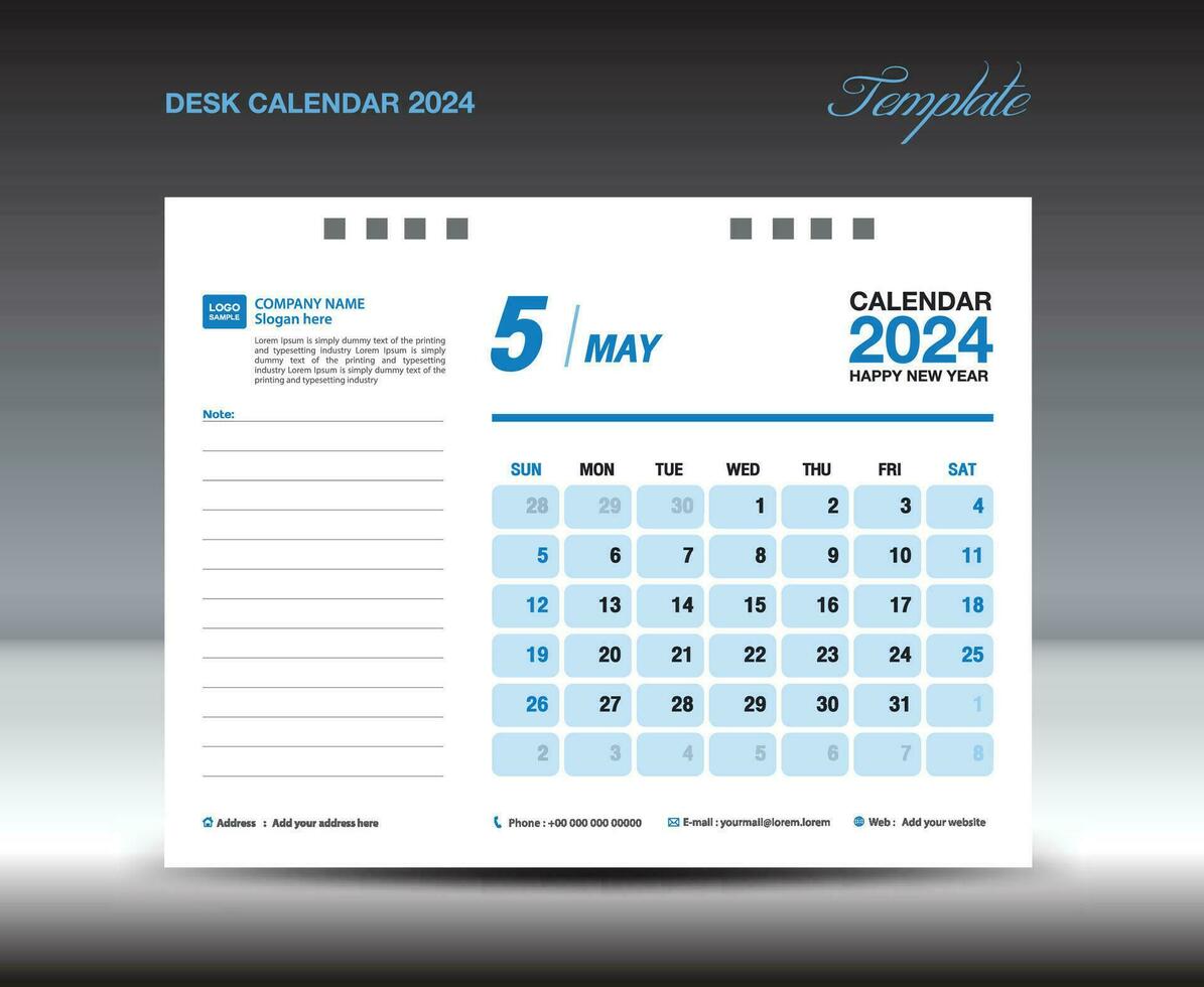 escritorio calandrar 2024 diseño, mayo 2024 plantilla, calendario 2024 plantilla, planificador, simple, pared calendario diseño, semana empieza en domingo, impresión, publicidad, azul fondo, vector