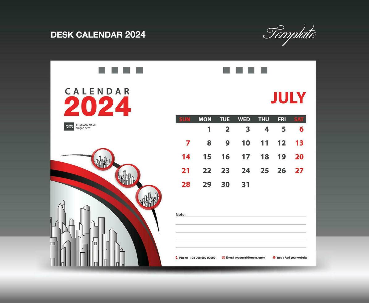 JULY 2024 template. Desk Calendar 2024 template with circle frame can be use photo, Wall Calendar design, planner, Corporate Calendar 2024 creative design mockup, printing, advertisement, vector