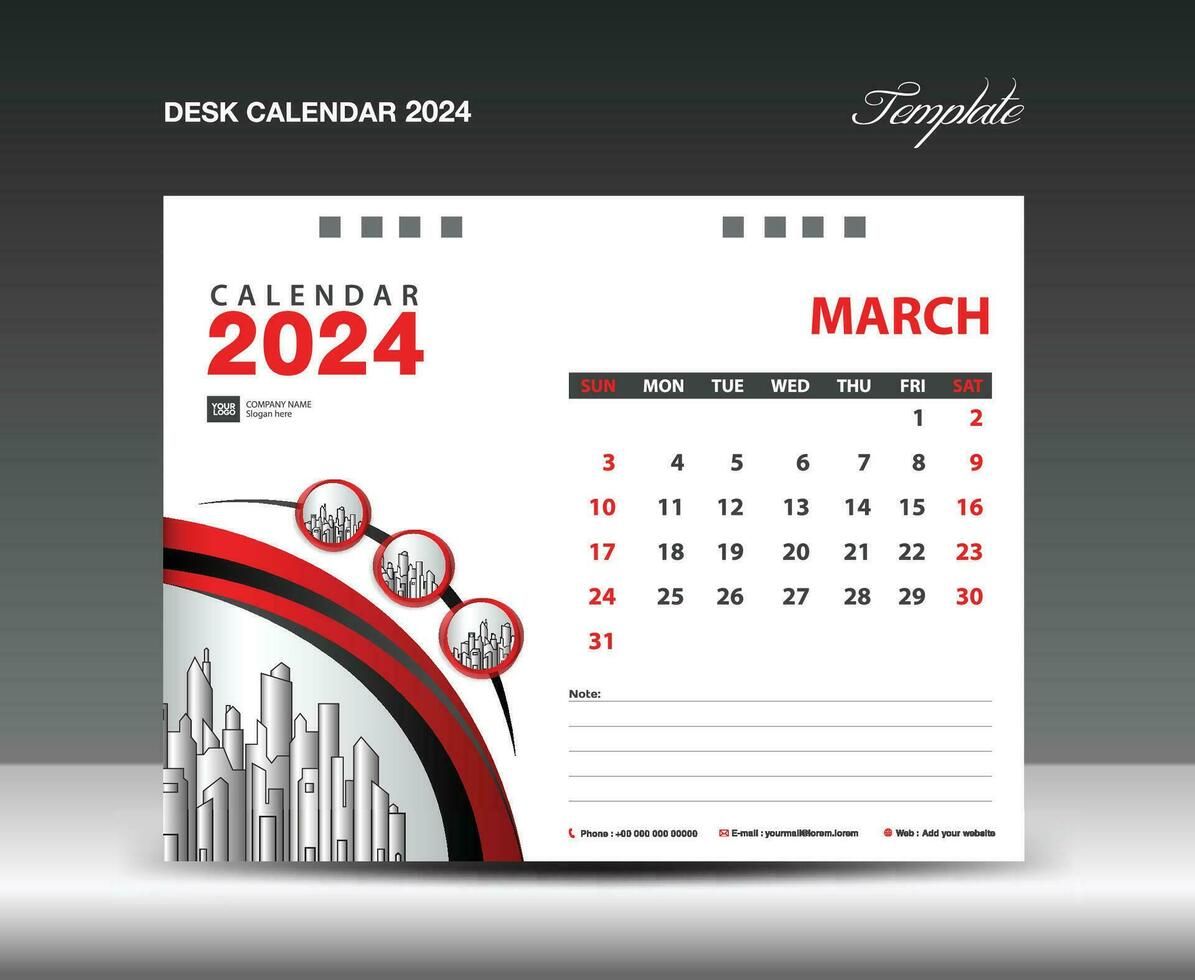 MARCH 2024 template. Desk Calendar 2024 template with circle frame can be use photo, Wall Calendar design, planner, Corporate Calendar 2024 creative design mockup, printing, advertisement, vector