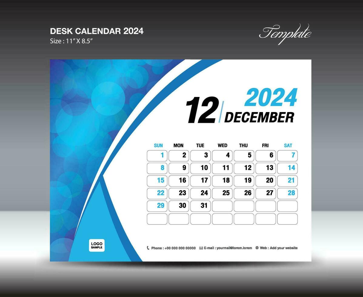 diciembre 2024 plantilla- escritorio calendario 2024 año plantilla, pared calendario 2024 año, semana empieza domingo, planificador diseño, papelería diseño, volantes diseño, impresión medios de comunicación, azul curva fondo vector