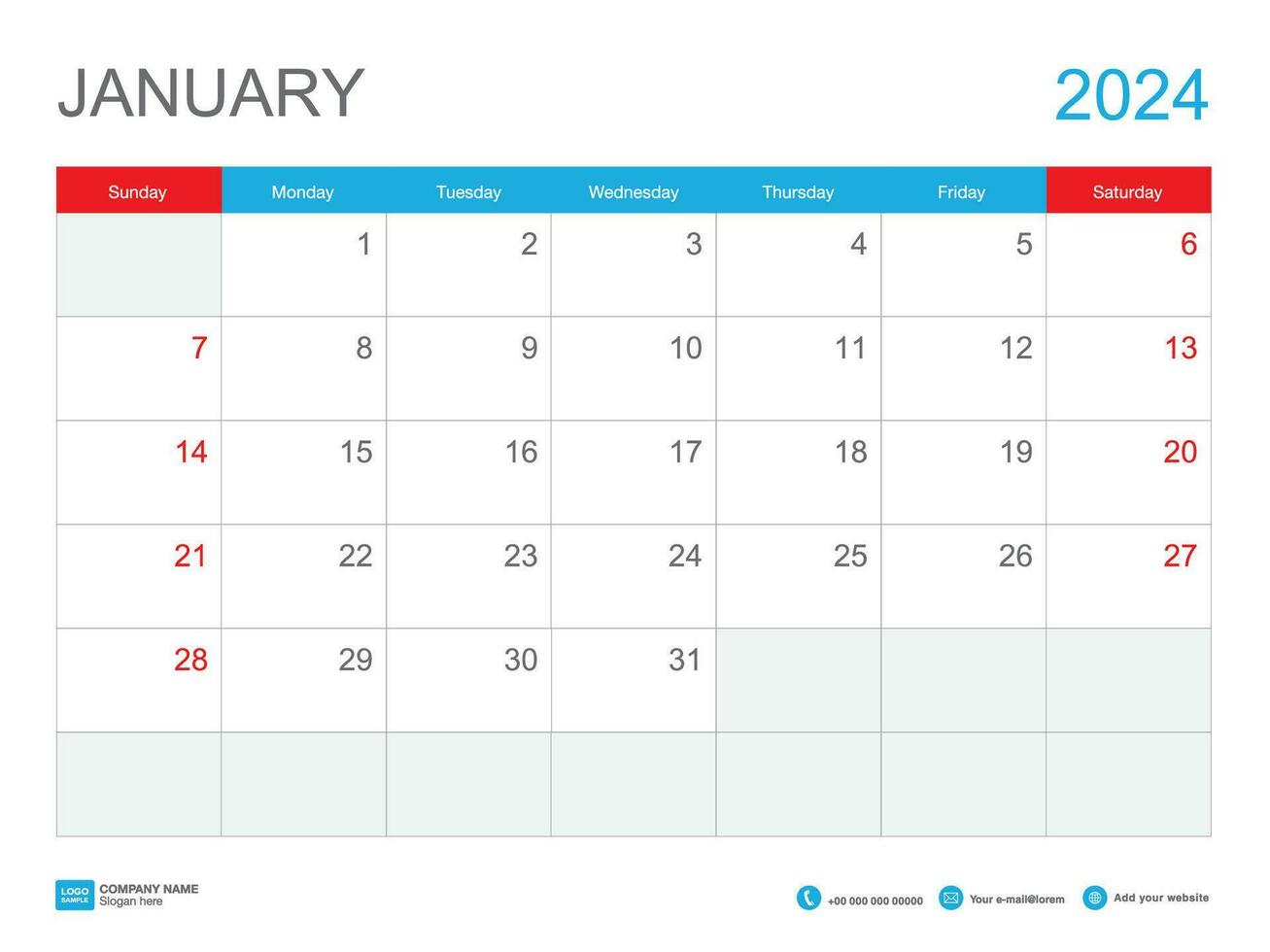 January 2024 template-Calendar 2024 design , Desk Calendar 2024 template, Planner simple, Week starts Sunday, Stationery, Wall calendar, printing, advertisement, vector illustration