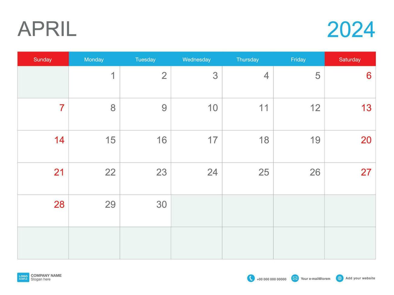 April 2024 template-Calendar 2024 design , Desk Calendar 2024 template, Planner simple, Week starts Sunday, Stationery, Wall calendar, printing, advertisement, vector illustration