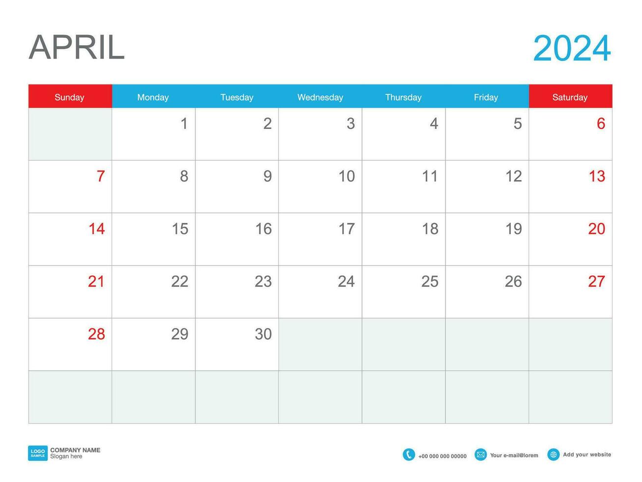 abril 2024 calendario-plantilla 2024 diseño , escritorio calendario 2024 plantilla, planificador simple, semana empieza domingo, papelería, pared calendario, impresión, anuncio publicitario, vector ilustración