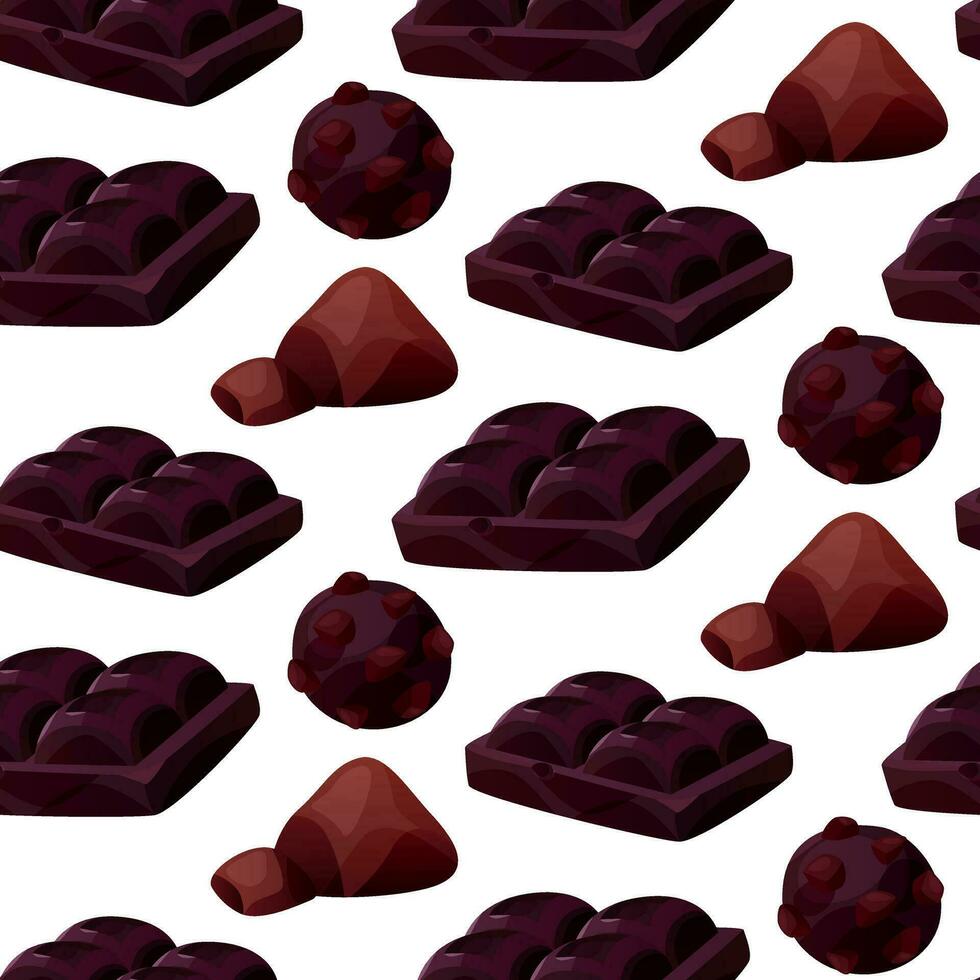Seamless pattern with dark, white chocolate bar pieces, candy. Chunks and blocks of brown chocolate. Milk sweet dessert, cooking ingredient for confectionery shop for poster, banner, website. vector