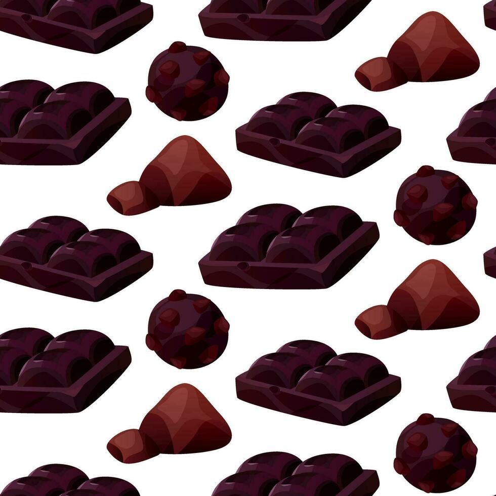 sin costura modelo con oscuro, blanco chocolate bar piezas, caramelo. trozos y bloques de marrón chocolate. Leche dulce postre, Cocinando ingrediente para confitería tienda para póster, bandera, sitio web. vector