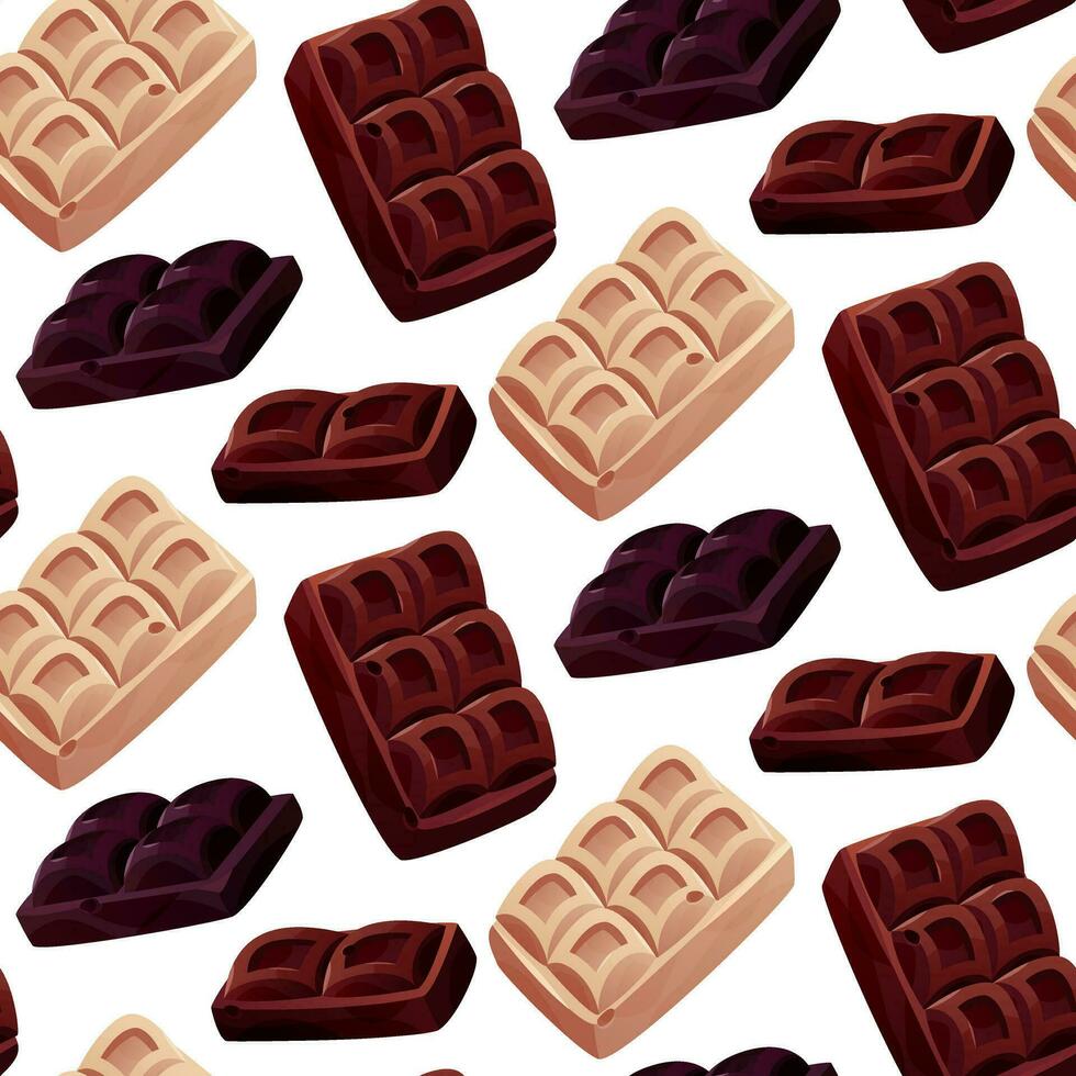 Seamless pattern with dark, white chocolate bar pieces, candy. Chunks and blocks of brown chocolate. Milk sweet dessert, cooking ingredient for confectionery shop for poster, banner, website. vector