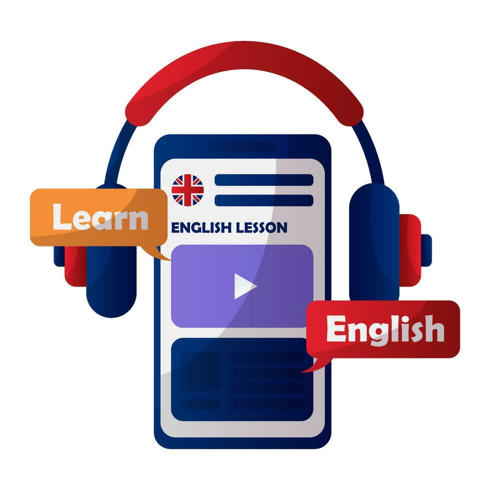 Learn english online smartphone with headphones. Phone listening. English language school, club, course. Elementary grammar, vocabulary, audio lesson. Learn foreign languages online, education. vector