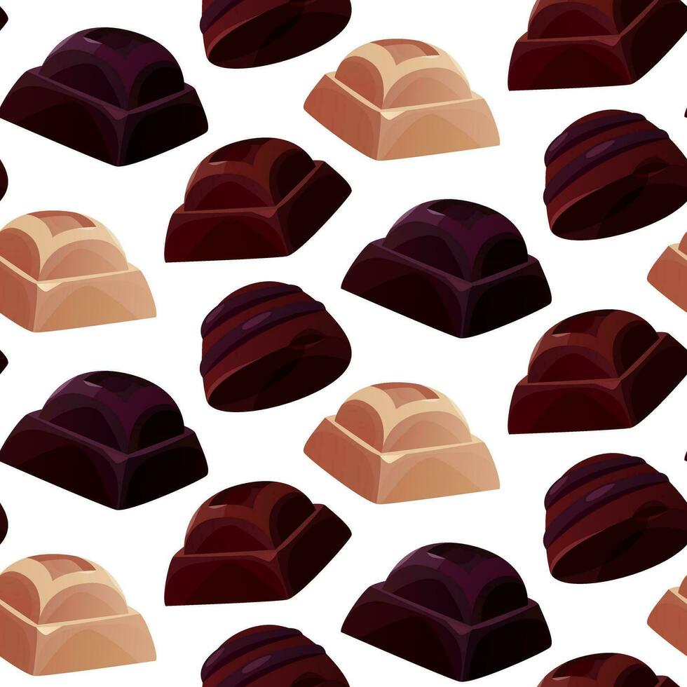 Seamless pattern with dark, white chocolate bar pieces, candy. Chunks and blocks of brown chocolate. Milk sweet dessert, cooking ingredient for confectionery shop for poster, banner, website. vector