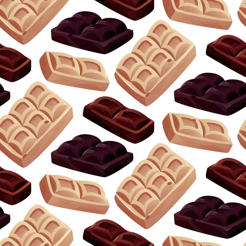 Seamless pattern with dark, white chocolate bar pieces, candy. Chunks and blocks of brown chocolate. Milk sweet dessert, cooking ingredient for confectionery shop for poster, banner, website. vector