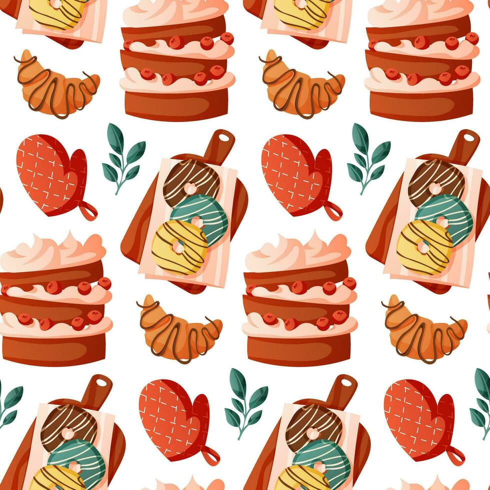 Pattern with homemade baked donuts, berries cake, glove, croissant, pastry products. Pastries from the dough. Baking, bakery shop, cooking, sweet, dessert for poster, banner, menu, cover vector