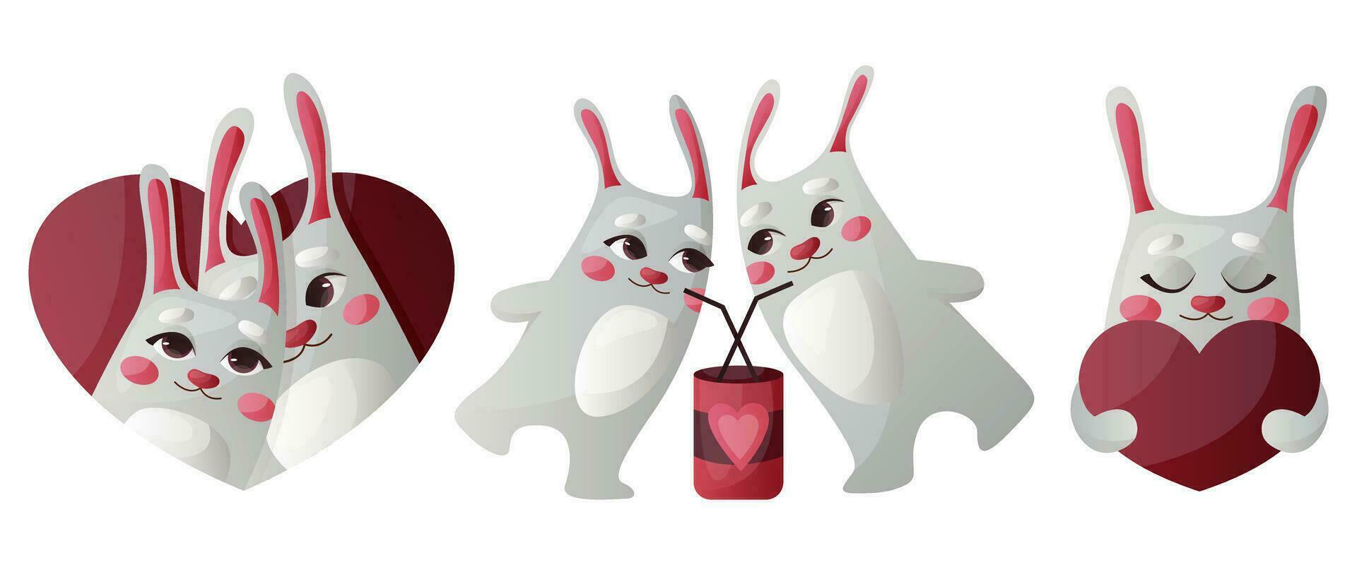 Set of cute romantic bunny character for postcard. Rabbit couples in love for 14 February. Loving animals with hearts. Be my Valentine. Valentines day greeting card, banner, flyer, invitation vector