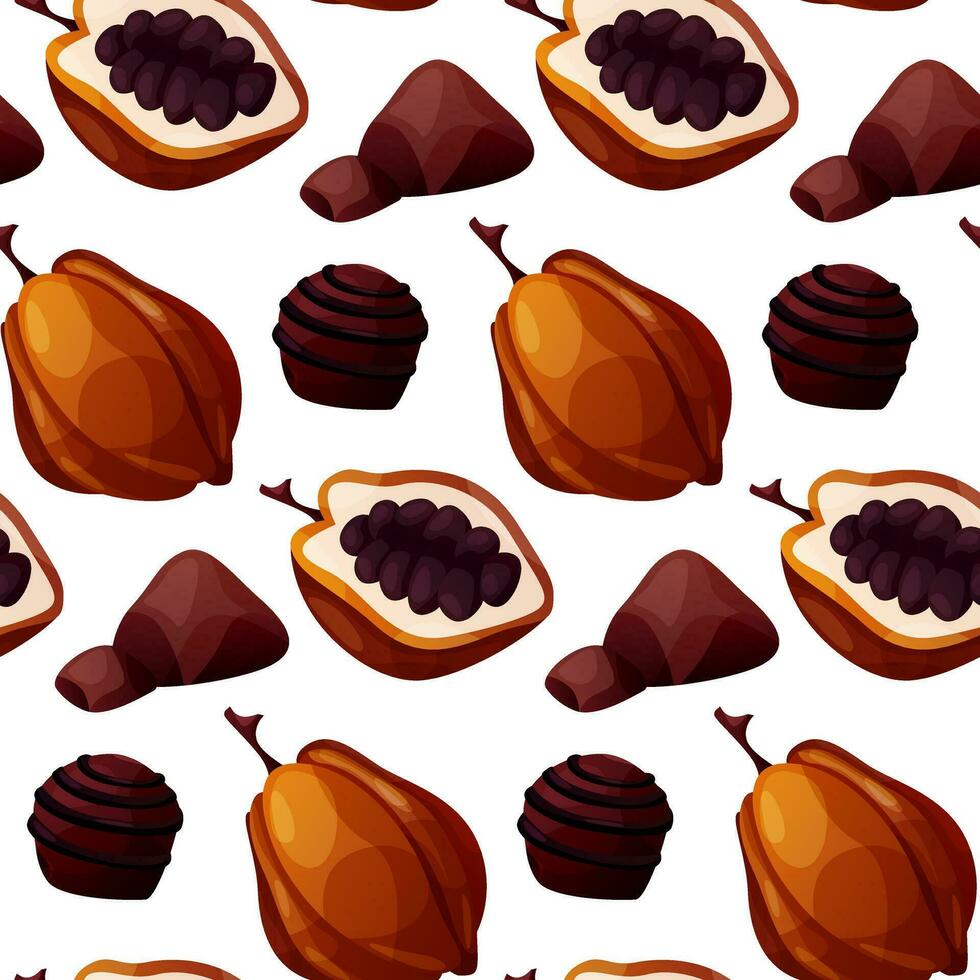 Seamless pattern with cocoa bean, dark, white chocolate bar pieces, candy. Chunks, blocks of brown chocolate. Milk sweet dessert, cooking ingredient for confectionery shop for poster, banner. vector