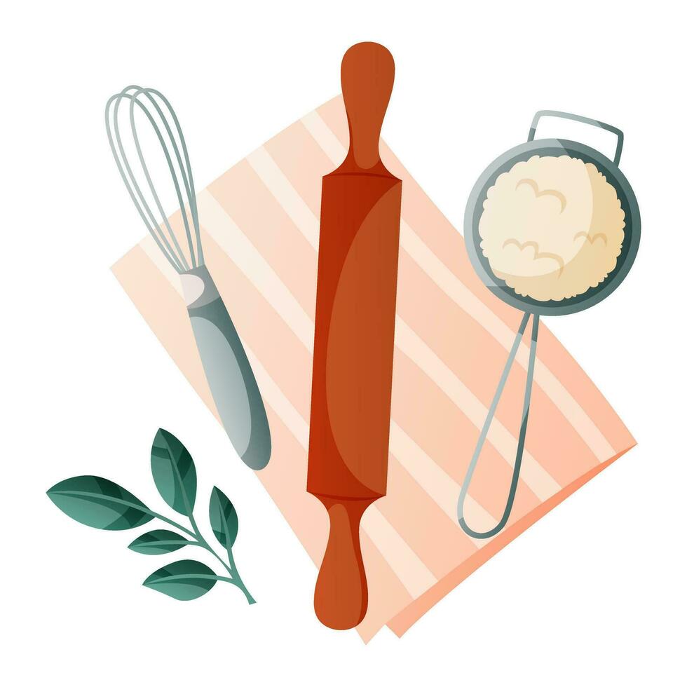 Kitchen whisk, rolling pin, sieve for homemade cooking on tablecloth. Baking tools, utensils, supplies, bakery stuff. Bakery shop, sweet products, dessert for poster, banner, menu, cover vector