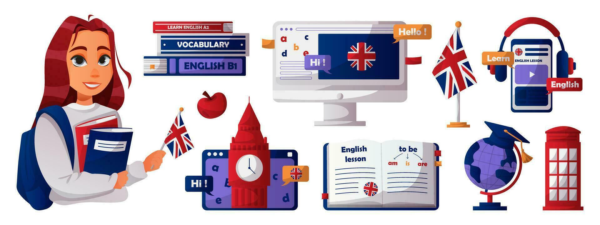 Set of english book, desktop, smartphone, girl student, british flag. English language school, club, course. Elementary grammar, vocabulary, audio lesson. Learn foreign languages online, education. vector