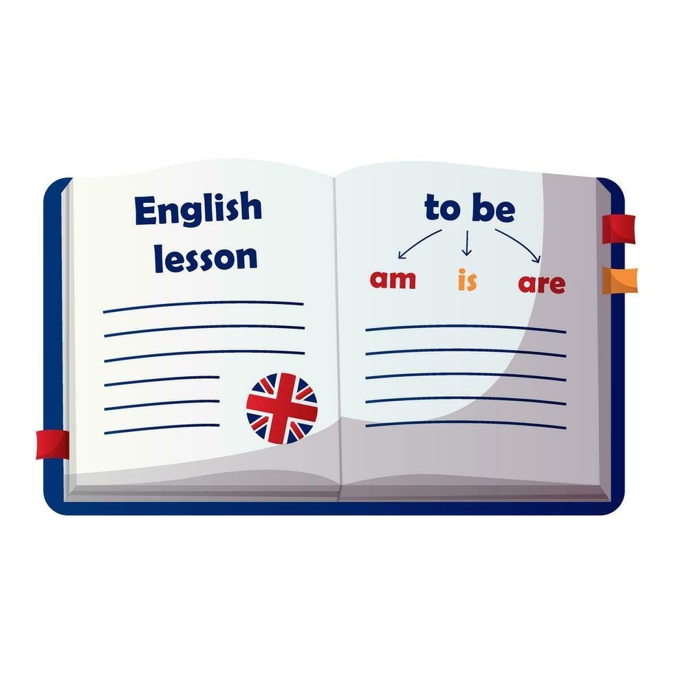 English work book, british internet glossary, dictionary. English language school, club, course. Elementary grammar, vocabulary, audio lesson. Learn foreign languages online, education. vector