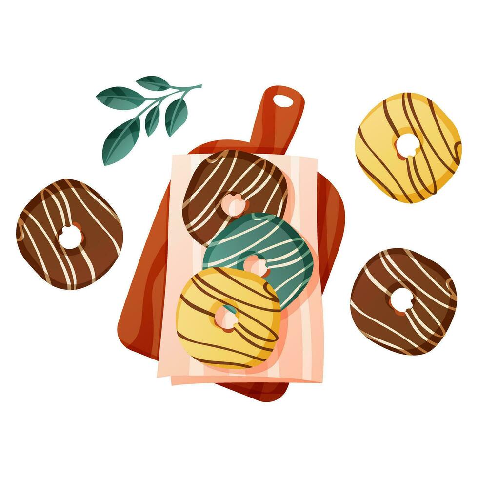 hecho en casa horneado rosquillas con coberturas en corte junta, Pastelería productos pasteles desde el masa para hornear, panadería comercio, cocinando, dulce productos, postre para póster, bandera, menú, cubrir, publicidad vector