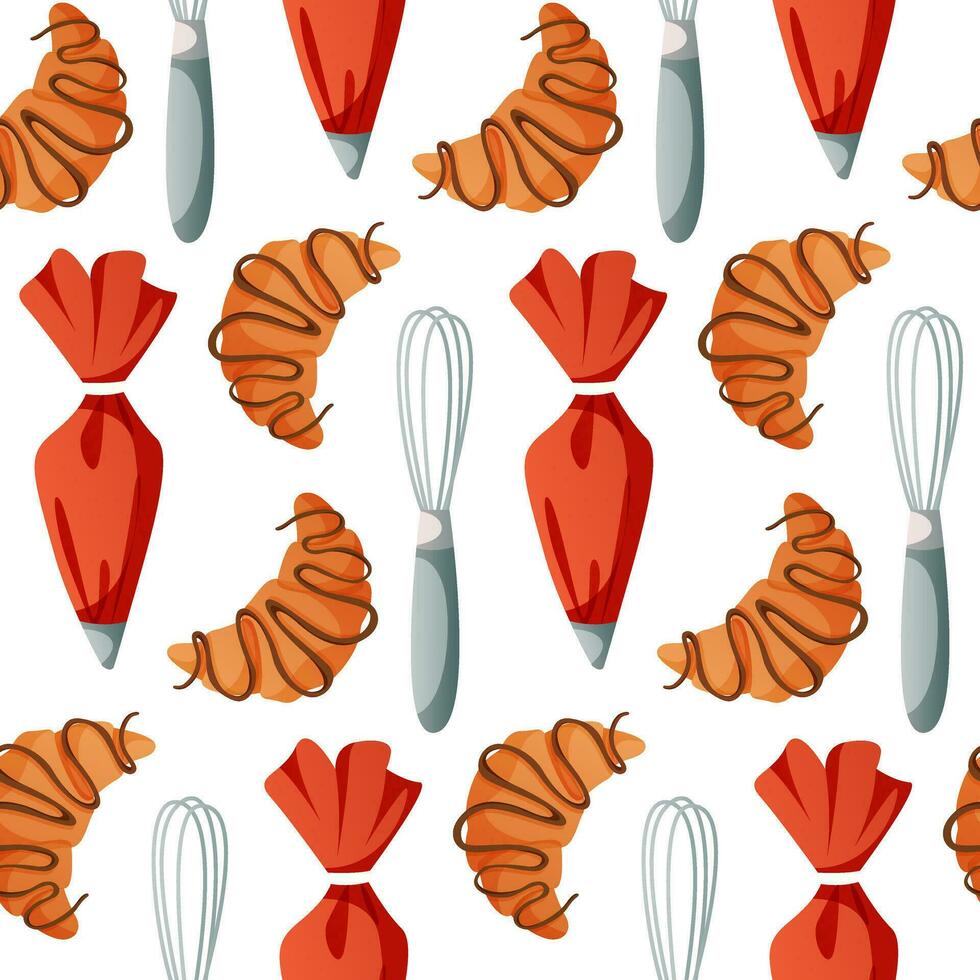 Pattern with kitchen whisk, pastry bag, french croissant for homemade cooking. Baking tools, utensils, supplies, stuff. Bakery shop, sweet products, dessert for poster, banner, menu, cover vector