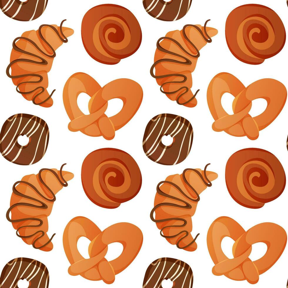 Pattern with homemade baked french croissant, german pretzel, bun, pastry products. Pastries from the dough. Baking, bakery shop, cooking, sweet, dessert for poster, banner, menu, cover vector